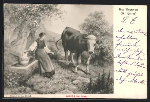 Künstler-AK sign. R. Koller: Frau mit Kuh am Brunnen
