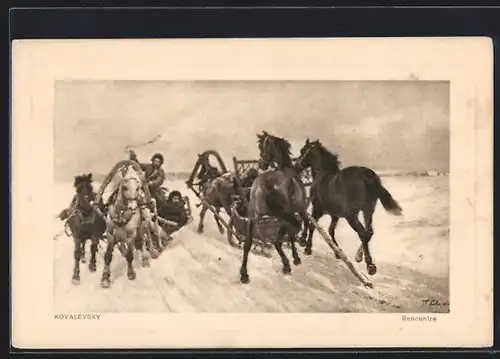 Künstler-AK sign. Kovalevsky: Pferdeschlitten begegnen sich