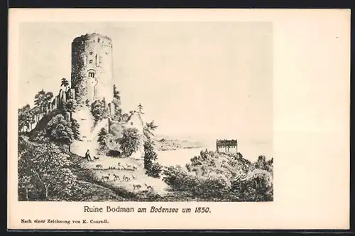 AK Bodman, Ruine am Bodensee 1850