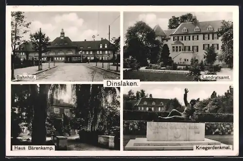 AK Dinslaken, Bahnhof, Landratsamt, Kriegerdenkmal, Haus Bärenkamp