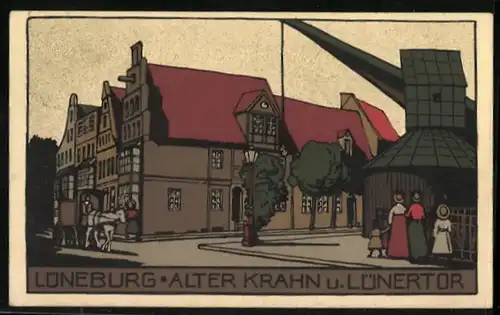 Steindruck-AK Lüneburg, Alter Krahn und Lünertor