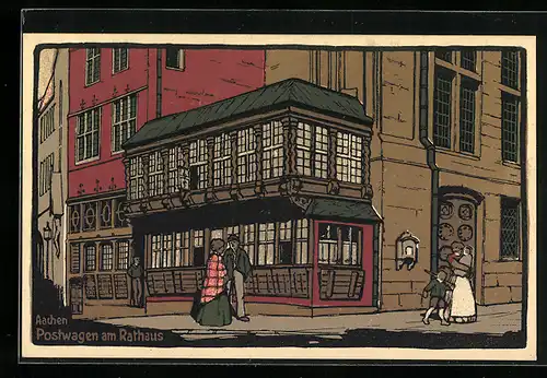 Steindruck-AK Aachen, Postwagen am Rathaus