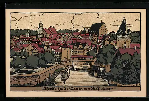 Steindruck-AK Schwäbisch Hall, Partie am Sulfersteg