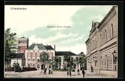 AK Crimmitschau, Bahnhof und Kaiserl. Postamt