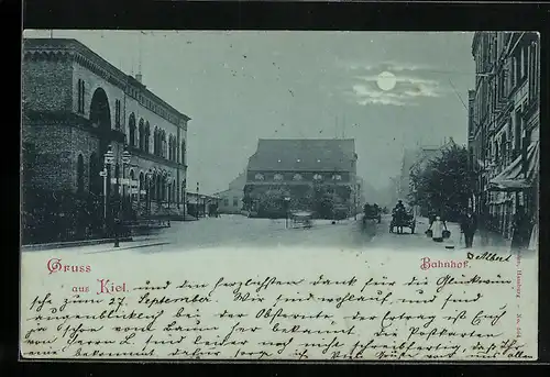 Mondschein-AK Kiel, Blick auf den Bahnhof im Vollmond