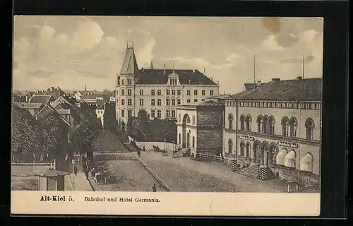 AK Kiel, Bahnhof und Hotel Germania aus der Vogelschau