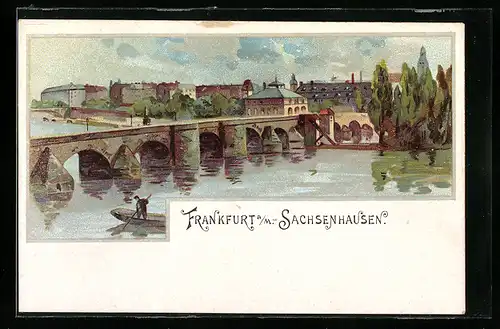 Lithographie Frankfurt a. M.-Sachsenhausen, Uferpartie mit Brücke