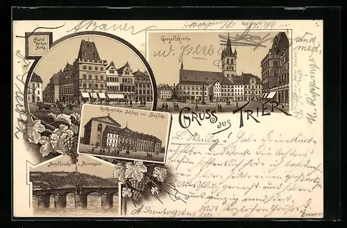 Lithographie Trier, Hotel Rothes Haus, Gangolfskirche
