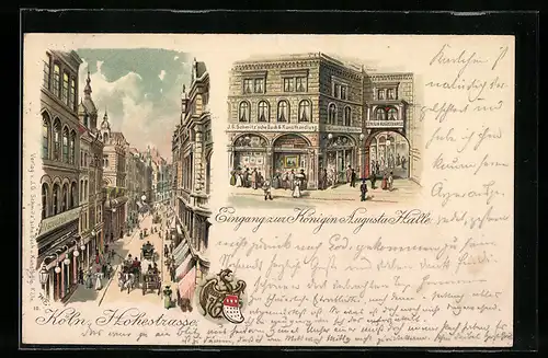 Lithographie Köln, Hohestrasse aus der Vogelschau, Eingang zur Königin Augusta Halle, Wappen