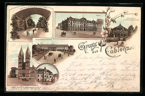 Vorläufer-Lithographie Koblenz, 1895, Kaufhaus, Trinkhalle i. d. Rheinanlagen, Königliches Schloss