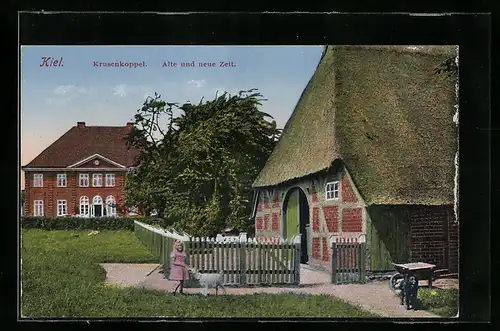 AK Kiel, Krusenkoppel, Alte und neue Zeit, Mädchen mit einem Hund am Gartenzaun
