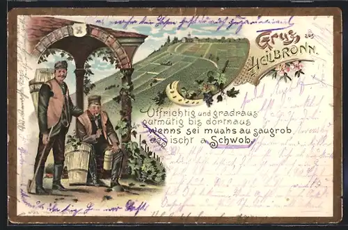 Lithographie Heilbronn, Blick auf Schloss, Zwei Herren machen Pause