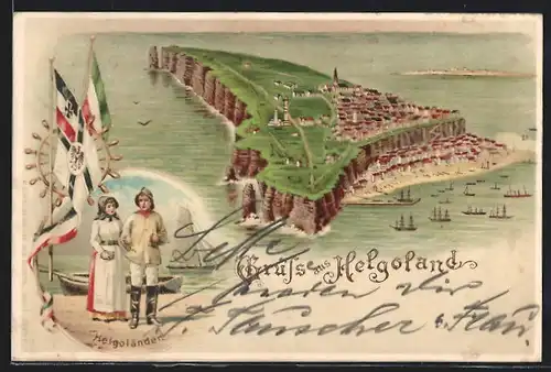 Lithographie Helgoland, Blick zur Insel, Helgoländer in Tracht, beleuchtete Fenster