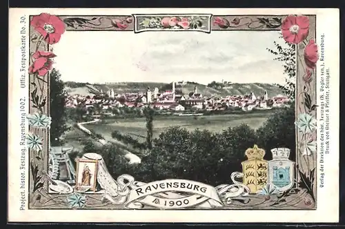 AK Ravensburg, Ortsansicht aus der Vogelschau