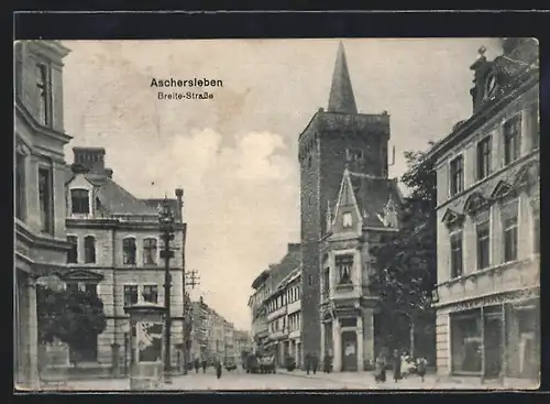 AK Aschersleben, Geschäftszeile in der Breite-Strasse mit Kirche
