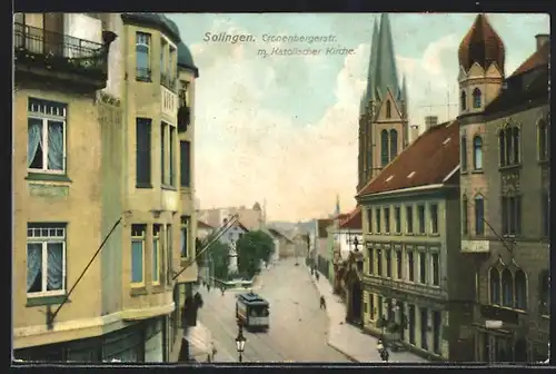 AK Solingen, Cronenbergstr. mit Katholischer Kirche und Strassenbahn