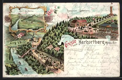 Lithographie Harkortberg /Wetter, Restaurant Schemann, Ritterburg, Blick in das Ruhrthal