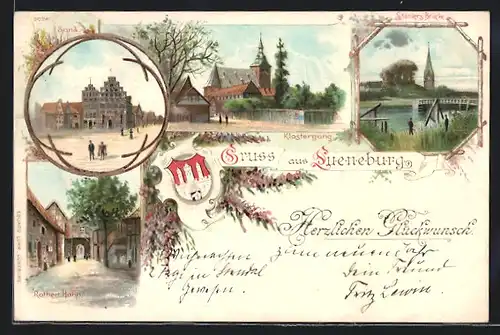 Lithographie Lüneburg, Sand, Rother Hahn, Klostergang & Wappen