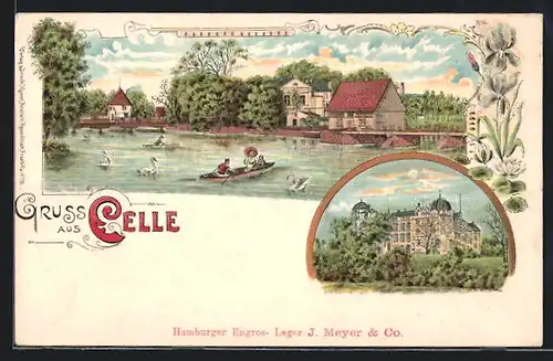 Lithographie Celle, Ortsansicht mit Schwanenteich