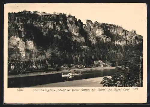 Foto-AK Walter Hahn, Dresden, Nr. 3878: Rathen, Elbetal mit Bastei und Bastei-Hotel