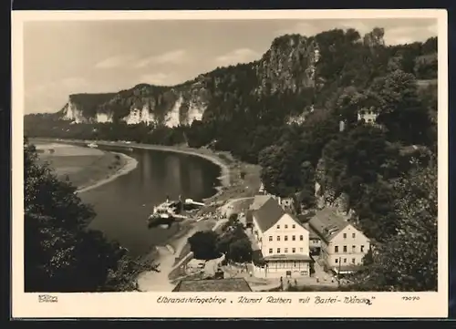 Foto-AK Walter Hahn, Dresden, Nr. 13070: Rathen, Teilansicht mit Hotel Erbgericht, Elbe und Bastei-Wände