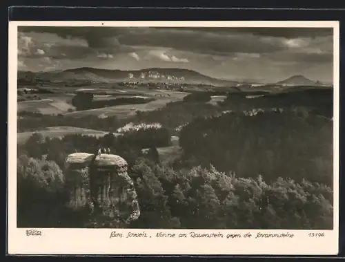 Foto-AK Walter Hahn, Dresden, Nr. 13196: Nonne am Rauenstein gegen die Schrammsteine