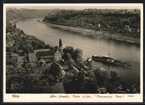 Foto-AK Walter Hahn, Dresden, Nr. 13628: Post a.d. Elbe, Fremdenhof Posta, Elbdampfer Bad Schandau