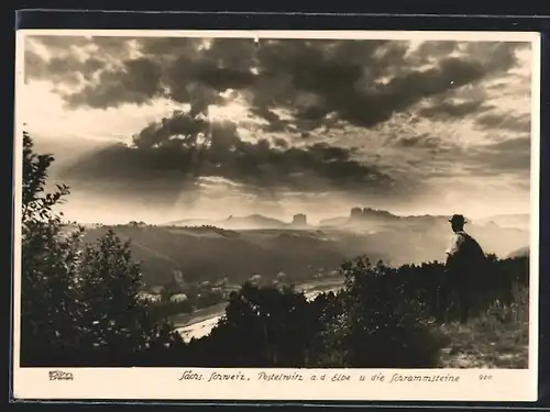 Foto-AK Walter Hahn, Dresden, Nr. 920: Postelwitz a.d. Elbe, Panorama mit Schrammsteinen