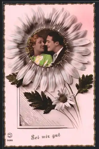 Foto-AK P. C. Paris: Liebespaar lächelt sich an, Blumenmotiv