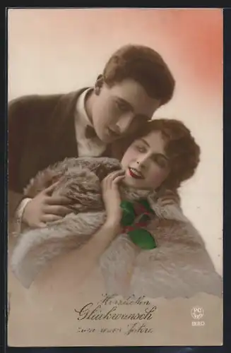 Foto-AK P. C. Paris: Liebespaar mit Neujahrswünschen