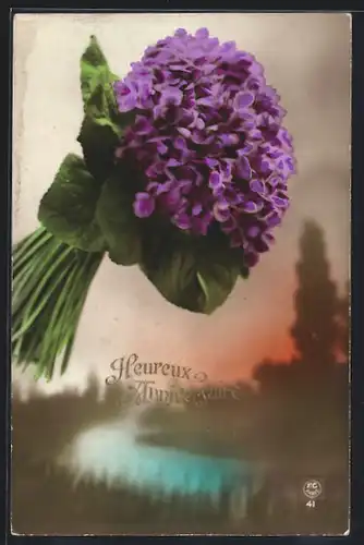 Foto-AK P. C. Paris: Veilchenstrauss mit Glückwünschen