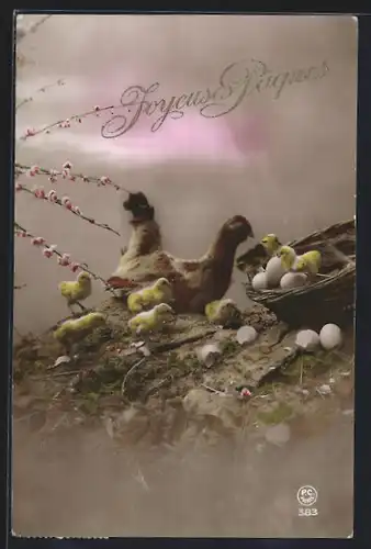 Foto-AK P. C. Paris: Huhn mit Osterküken zum Fest