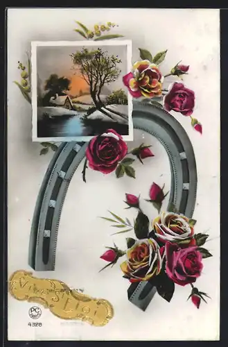 Foto-AK P. C. Paris: Hufeisen mit Rosenmotiv