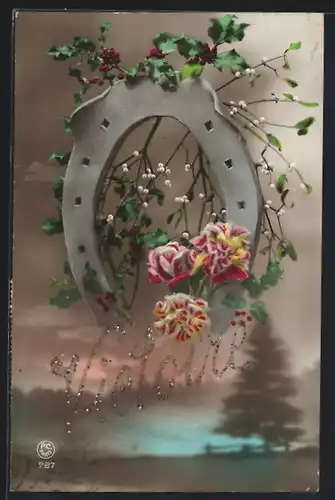 Foto-AK P. C. Paris: Hufeisen mit Blumen