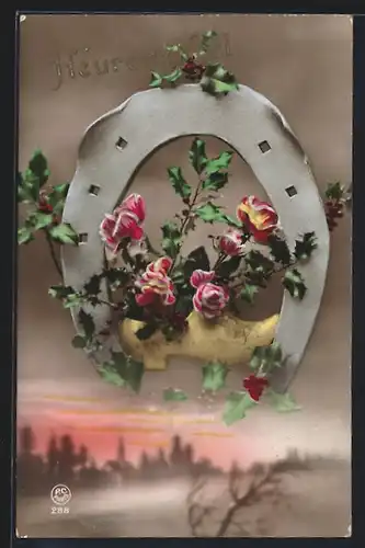 Foto-AK P. C. Paris: Hufeisen mit Blumen