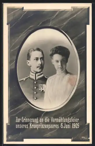 AK Portrait Kronprinz Wilhelm von Preussen & Kronprinzessin Cecile, Vermählungsfeier des Kronprinzenpaares 1905