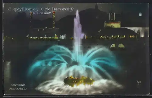AK Paris, Exposition des Arts décoratifs 1925, Fontaine Vedovelli vu de nuit