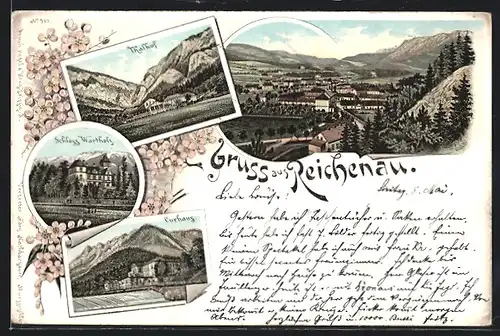 Lithographie Reichenau, Schloss Wartholz, Curhaus, Thalhof, Ortsansicht