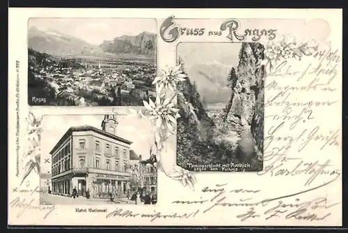 AK Ragaz, Hotel National, Taminaschlucht, Ortsansicht