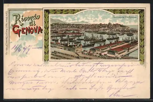 Lithographie Genova, Panorama mit Hafen