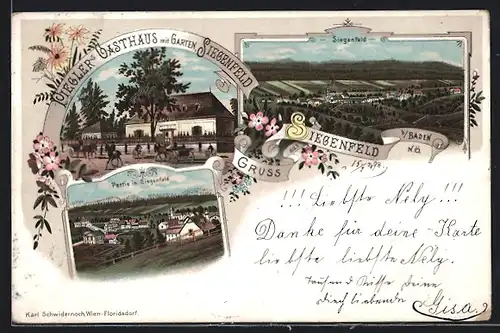 Lithographie Siegenfeld, Piegler`s Gasthaus, Teilansicht der Ortschaft