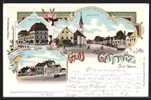 Lithographie Göpfritz a. d. Wild, Ekels Gasthof, Bahnhof, Hauptstrasse mit Kirche