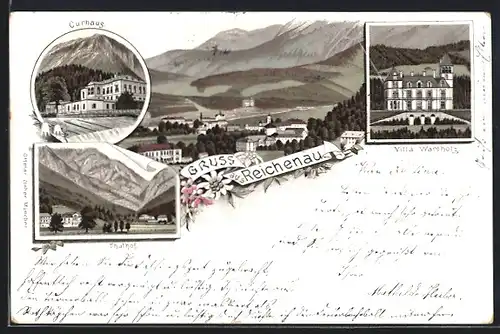 Lithographie Reichenau, Curhaus, Thalhof, Villa Wartholz, Ortsansicht