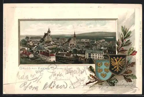 Passepartout-Lithographie Krems a. d. Donau, Teilansicht der Stadt, Wappen