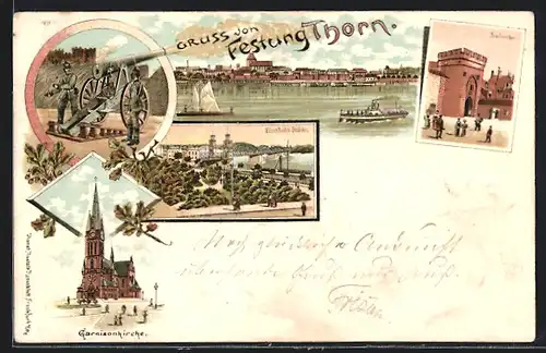 Lithographie Thorn, Kriegerdenkmal, Brückenthor, Eisenbahnbrücke, Dampfer
