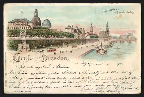 Lithographie Dresden, Panoramablick mit Belvedere und Landeplatz, Halt gegen das Licht