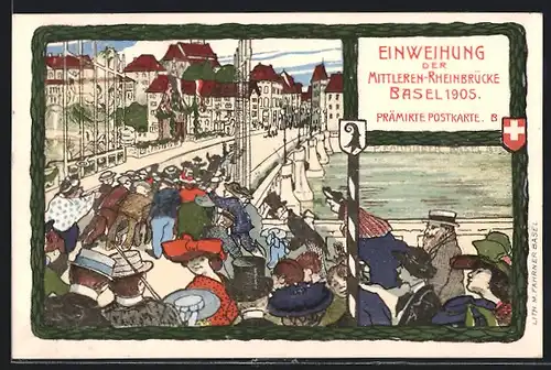 Künstler-AK Basel, Einweihung der Mittleren-Rheinbrücke 1905