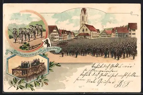 Lithographie Hundwil, Menschenmenge bei einer Ansprache vor der Kirche, Wächter mit Trommeln