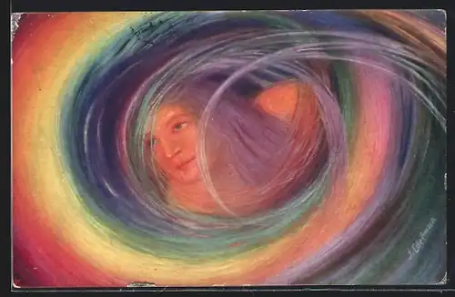 Künstler-AK sign. J. Edelman: Dame umhüllt von Regenbogen