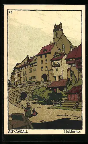 Steindruck-AK Alt-Aarau, Partie am Haldentor